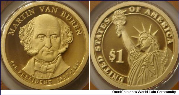 8th presidential dollar Martin Van Buren, 26.5 mm, Manganese-Brass (Cu, Zn, Mn, Ni)