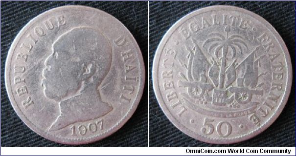 Republique d'Haiti, 50 centimes, obverse bust of Pierre Nord Alexis, overthrown the following year.  Coin pulled from circulation in Port-au-Prince.