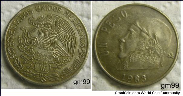 1 Peso Obverse: Eagle standing left on cactus, snake in beak,
ESTADOS UNIDOS MEXICANOS
Reverse: Jose Morelos y Pavon wearing kerchief on head left,
UN PESO date