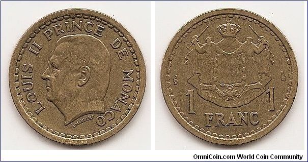 1 Franc
KM#120a
Aluminum-Bronze, 22.9 mm. Ruler: Louis II Obv: Head left Rev:
Crowned mantled arms flanked by value below