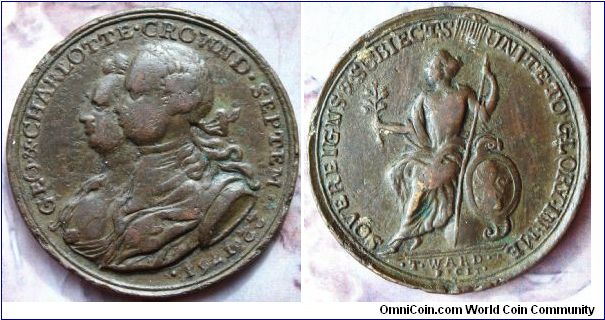 George III & Queen Charlotte. Coronation Medal by T.Ward 1761. Bronze 39mm.