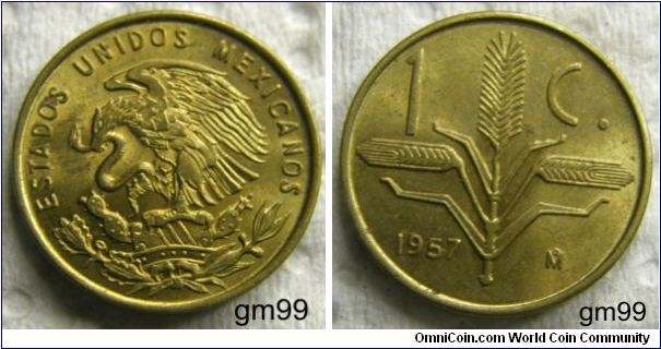 CENTAVO, BRASS. OBVERSE: NATIONAL ARMS, EAGLE LEFT.REVERSE: OAK SPRIGS, 1C. DATE