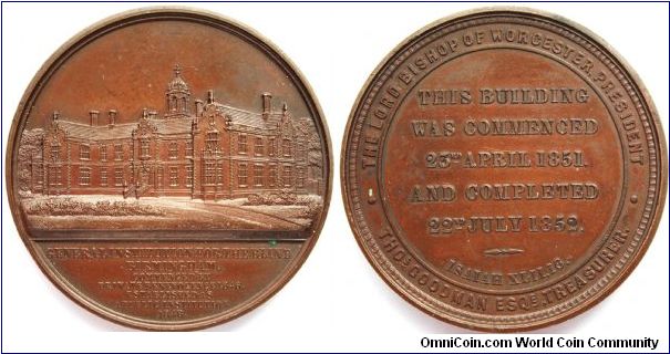 This medal was issued by Allen & Moore to commemorate the completion of a new building for the General Institute for the Blind at Carpenter Road, Edgbaston, Birmingham. Bronze 51mm.