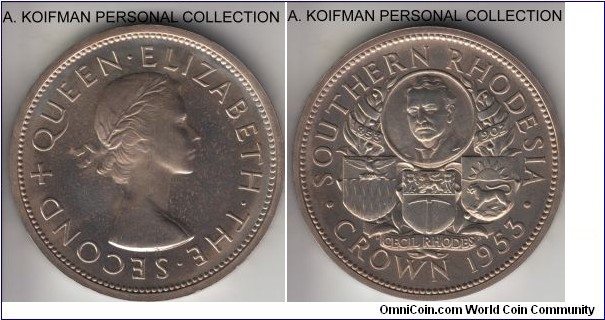 KM-27, 1953 Southern Rhodesia crown; proof, silver, lettered edge * OUT OF VISION CAME REALITY * 1853 1953; upright (to obverse) edge lettering type, decent specimen, lightly toned, mintage 1,500 in proof.