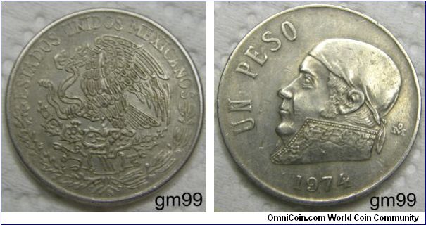 1 Peso Obverse: Eagle standing left on cactus, snake in beak,
ESTADOS UNIDOS MEXICANOS
Reverse: Jose Morelos y Pavon wearing kerchief on head left,
UN PESO date