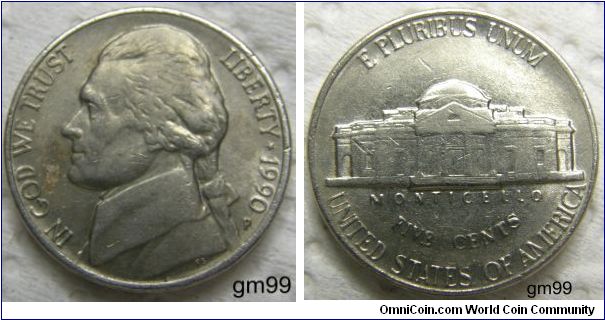 THOMAS JEFFERSON NICKEL,5 CENTS.
1990P,Mintmark: Small P (for Philadelphia) below the date on the obverse. Full steps on reverse
