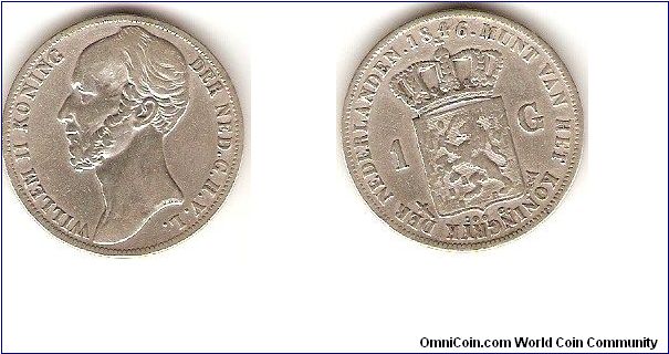 1 gulden (100 cents)
Willem II koning der Ned(erlanden) G(root) H(ertog) V(an) L(uxemburg)
William II, king of the Netherlands, grand duke of Luxemburg