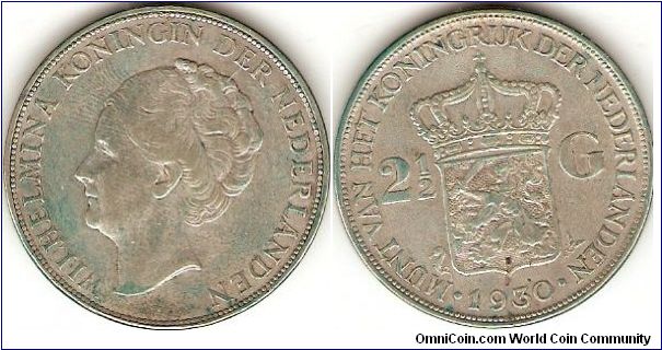 2 1/2 gulden (rijksdaalder)
Wilhelmina, queen of the Netherlands