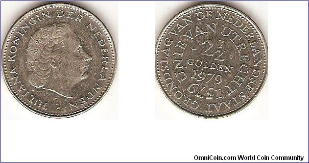 2 1/2 gulden
commemorative for the 400th anniversary of the Union of Utrecht (1579-1979), which marked the birth of the Dutch State.
Juliana, queen of the Netherlands