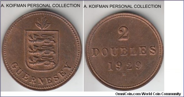 KM-12, 1929 Guernsey 2 doubles, Heaton mint (H mint mark); bronze plated copper; red brown uncirculated, mintage 79,000.