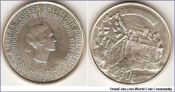 250 francs
commemorative for the millenium of the founding of the City of Luxemburg.
Grand duchess Charlotte