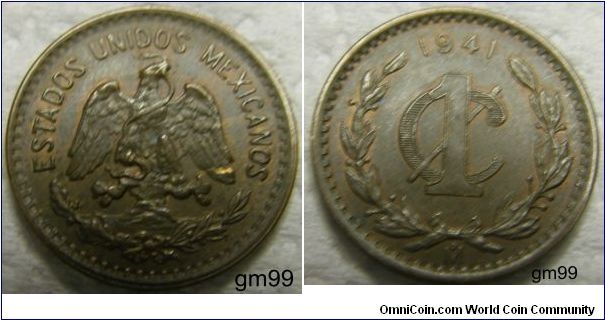 1 Centavo 
Obverse: Eagle standing facing on cactus, snake in beak,
ESTADOS UNIDOS MEXICANOS
Reverse: Date above 1 over C, wreath around,
date