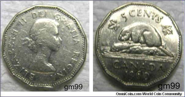 5 Cents (Nickel) : 1955-1962
Obverse: Bare head of Queen Elizabeth II right,
ELIZABETH II DEI GRATIA REGINA
Reverse: Beaver left,
5 CENTS CANADA date