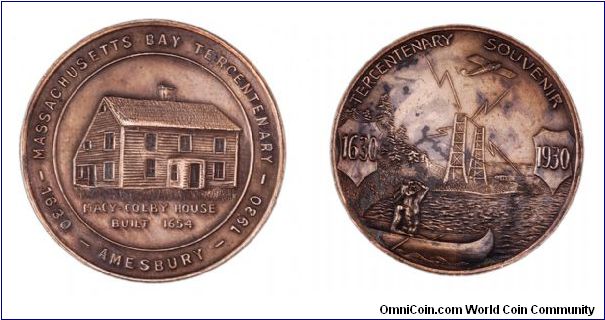 Amesbury souvenir medal for the 1930 Massachusetts Bay Tercentenary.