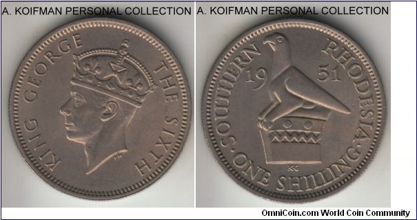 KM-22, 1951 Southern Rhodesia shilling; copper-nickel, reeded edge; late George VI, toned average uncirculated or almost.