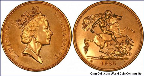 In 1985, the third portrait was introduced, engraved by Raphael Maklouf, here shown on a so-called 'Brilliant Uncirculated' gold five pound coin (quintuple sovereign).