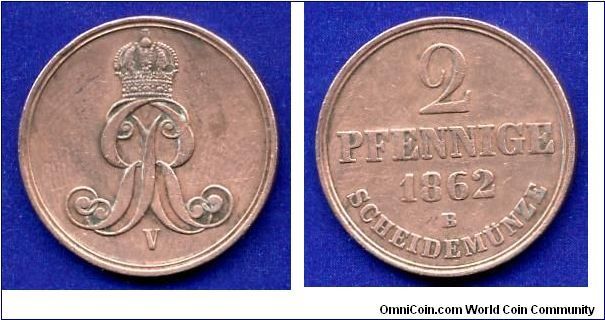 2 pfennige.
Hannover.
George V (1851-1866).
(B) mintmark.

Cu.