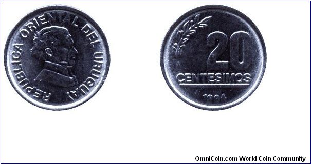 Uruguay, 20 centimos, 1994, Steel, Artigas.                                                                                                                                                                                                                                                                                                                                                                                                                                                                         