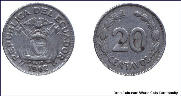 Ecuador, 20 centavos, 1962, Ni-Steel.                                                                                                                                                                                                                                                                                                                                                                                                                                                                               