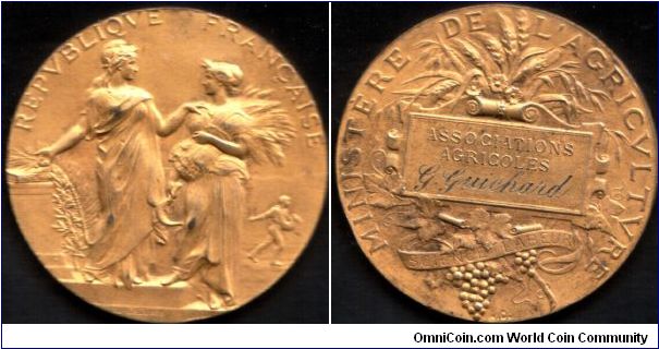 A gilded silver medal struck for the French Ministry of Agriculture circa 1870 by the famous french medallist, Alphee Dubois.