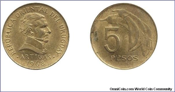 Uruguay, 5 pesos, 1968, Ni-Brass, Artigas, Ceibo - National Flower.                                                                                                                                                                                                                                                                                                                                                                                                                                                 
