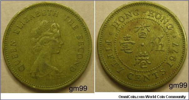 50 Cents. Obverse: Crowned head of Queen Elizabeth II right,
QUEEN ELIZABETH THE SECOND
Reverse: Legend around Chinese characters,
HONG KONG FIFTY CENTS date