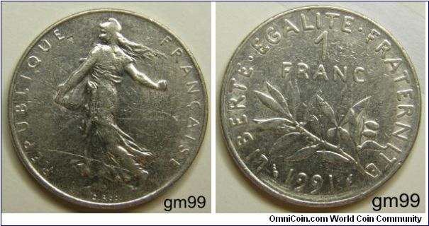 1 Franc (Nickel) : 1960-2001
Obverse: Liberty walking left, sun with rays on right in background.
 REPUBLIQUE FRANCAISE
Reverse: Stalk below value,
LIBERTE EGALITE FRATERNITE 1 FRANC date