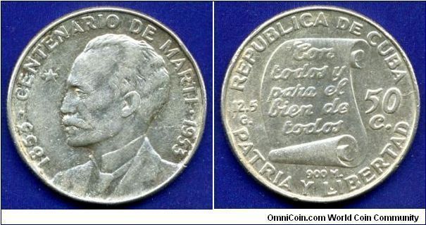 50 centavos.
100-anniversary of Jose Marti.
Mintage 2,000,000 units.


Ag900f. 12,5gr.
