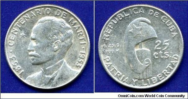 25 centavos.
100-anniversary of Jose Marti.
Mintage 19,000,000 units.


Ag900f. 6,5gr.