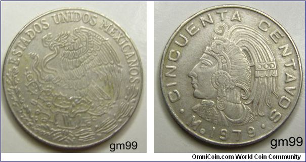 First 9 in date is square and the second 9 is round.50 Centavos (Copper-Nickel) 
Obverse: Eagle standing left on cactus, snake in beak, ESTADOS UNIDOS MEXICANOS
Reverse: Figure in Aztec headdress left CINCUENTA CENTAVOS Mo date