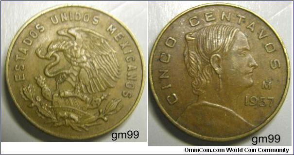 5 Centavos (Brass) : 1954-1969
OBVERSE: Eagle standing left on cactus, snake in beak,
ESTADOS UNIDOS MEXICANOS
REVERSE: White Josefa right,
CINCO CENTAVOS date