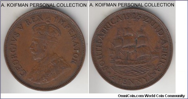 KM-1.1, 1925 South Africa (Dominion) half penny; bronze, plain edge; with the small mintage of 69,000 and the rest of the issue in similar small mintages, this is one of the most thought after South African type, extra fine or almost.