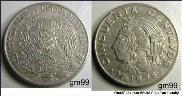 50 Centavos (Copper-Nickel) : 
Obverse: Eagle standing left on cactus, snake in beak, ESTADOS UNIDOS MEXICANOS
Reverse: Figure in Aztec headdress left CINCUENTA CENTAVOS Mo date