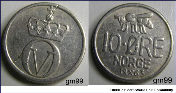 10 Ore (Copper-Nickel) : 1959-1973
Obverse: Crowned OV monogram,
OV (Monogram)
Reverse: Insect left above legend,
10 ORE NORGE date