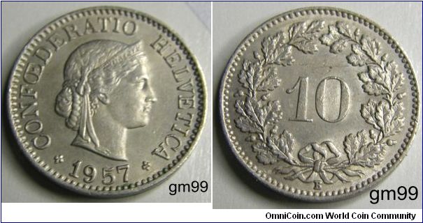 10 Rappen (Copper-Nickel) : 1879-1993
Obverse: Head of Helvetia right, LIBERTAS on headband,
CONFOEDERATIO HELVETICA date
Reverse: Value within wreath,
10