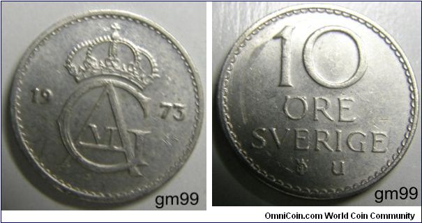 10 Ore (Nickel-Bronze) Obverse; date with crowned monogram in between,
date CVI (monogram)
Reverse; Legend, beaded border,
10 ORE SVERIGE