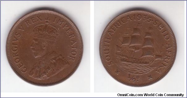 KM-14.3, 1935 South Africa half penny in very fine or slightly better but a rim nick at 3 o'clock.