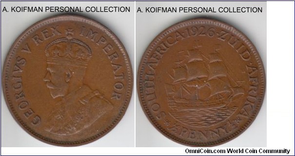 KM-13.1, 1926 South Africa (Dominion) half penny; bronze, plain edge; scarcer issue and year with mintage of 65,000, good very fine to about extra fine.