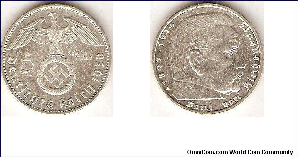 5 reichsmark
Paul von Hindenburg
Eagle with swastika