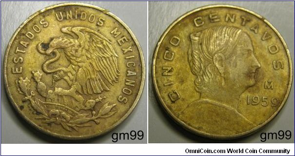 5 Centavos (Brass) : 1954-1969
OBVERSE: Eagle standing left on cactus, snake in beak,
ESTADOS UNIDOS MEXICANOS
REVERSE: White Josefa right,
CINCO CENTAVOS date