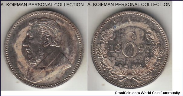 KM-4, 1897 Zuid-Afrikkansche Republiek (ZAR) South Africa 6 pence; silver, reeded edge; this one looks like a weakly struck uncirculated item, but spotted toning, may have been cleaned in the past.