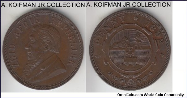 KM-2, 1892 Zuid-Afrikkansche Republiek (ZAR) South Africa penny, Berlin mint; bronze, plain edge; Boer Republic, first year of coinage, mintage 83,000 (per Krause), dark brown uncirculated , few contact marks.