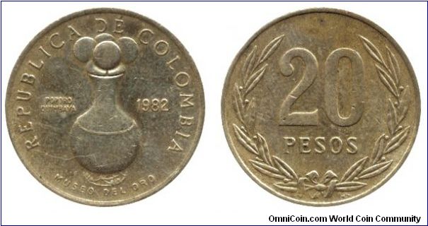 Colombia, 20 pesos, 1982, Al-Bronze, Poporo Quimbaya, Museo del Oro, Republica de Colombia.                                                                                                                                                                                                                                                                                                                                                                                                                         