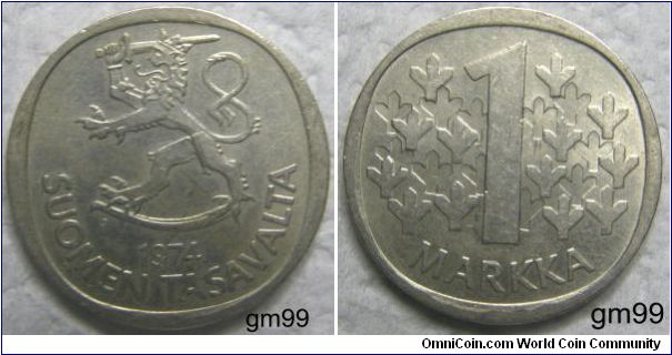 1 Markka (Copper-Nickel): 1969-1993
Obverse: Rampant lion left holding sword and standing on saber,
 SUOMEN TASAVALTA date
Reverse: Leaves or Ys left and right of 1
R 1 MARKKA