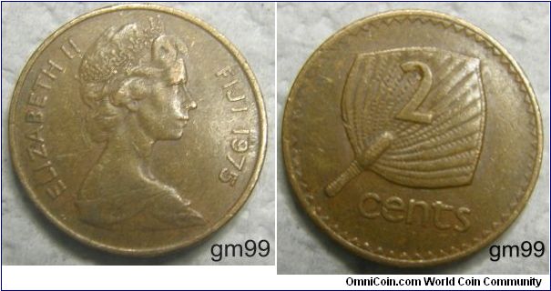 2 Cents. Obverse: Crowned head of Queen Elizabeth II right,
 ELIZABETH II FIJI date
Reverse: Palm fan,
 2 CENTS
