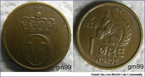 1 Ore (Bronze) : 1958-1972
Obverse: Crowned monogram OV,
OV (Monogram)
Reverse: Squirrel holding nut left,
 date 1 ORE NORGE
