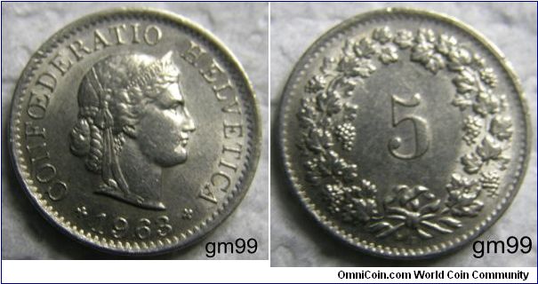 5 Rappen (Copper-Nickel) : 1879-1980
Obverse: Head of Helvetia right, LIBERTAS on headband,
 CONFOEDERATIO HELVETICA date
Reverse: Value within wreath,
 5