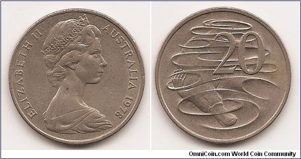 20 Cents
KM#66
11.3000 g., Copper-Nickel, 28.5 mm. Ruler: Elizabeth II Obv:
Young bust right Rev: Duckbill Platypus Note: For 1966 dated
examples, strikes from Canberra show a gap between sea line
and right face of platypus