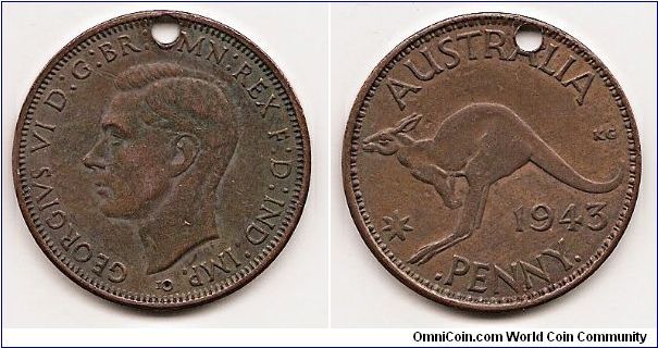1 Penny
KM#36
9.4100 g., Bronze, 30.5 mm. Ruler: George VI Obv: Head left
Obv. Leg.: GEORGIVS VI D:G:BR: OMN: REX F.D: IND: IMP
Rev: Kangaroo leaping left Edge: Plain