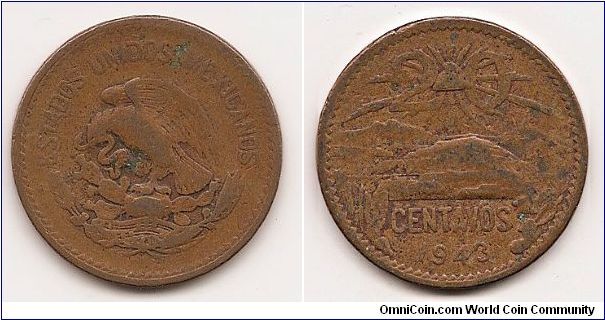 20 Centavos
KM#439
10.0000 g., Bronze, 28.5 mm. Obv: National arms, eagle left Rev: Liberty cap divides value above Pyramid of the Sun at Teotihuacán, volcanos Ixtaccihuatl and Popocatepet in
background Edge: Plain Note: Mint mark Mo.